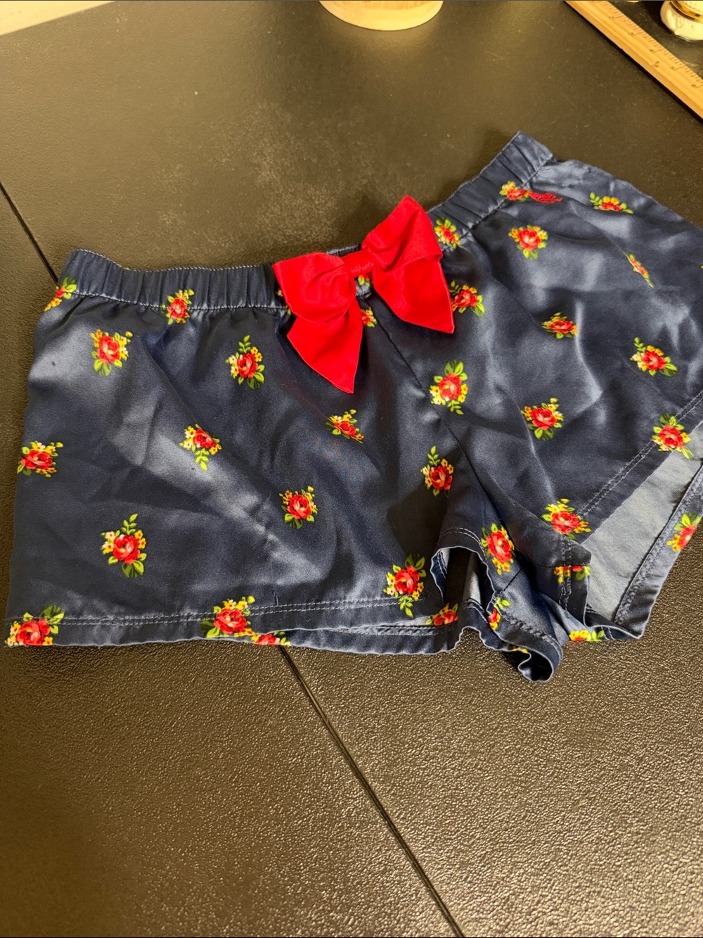 Abercrombie & Fitch Navy Floral Satin Shorts with Red Bow Medium